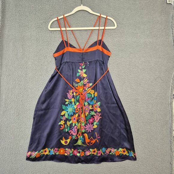 Y2K Voom by Joy Han Silk Women's Navy Orange Bird Floral Strappy Silk Dress M - Picture 2 of 6